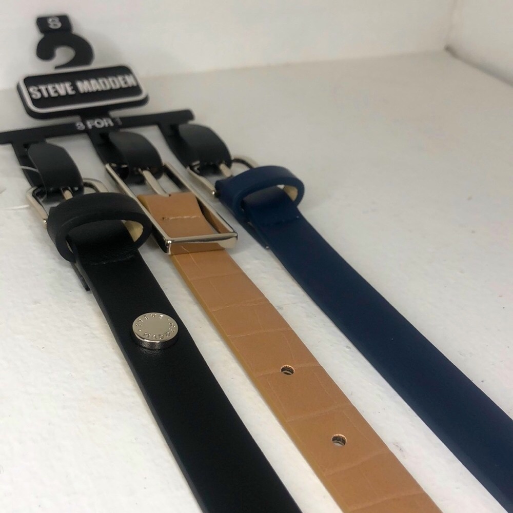 Steve Madden 3 Pack of Thin Belts - Black Tan Blue